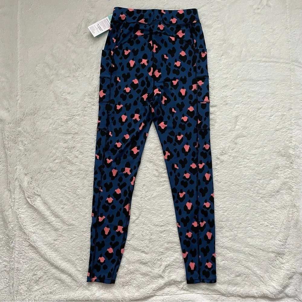 POP Fit Leggings Navy Blue Leopard Print Pockets Workout Gym Yoga Medium - Picture 2 of 9